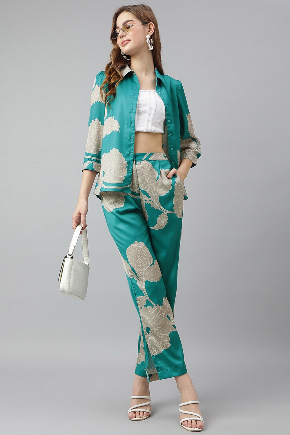 Turquoise Printed Shirt Collar Women Regular Fit Co-ord Sets