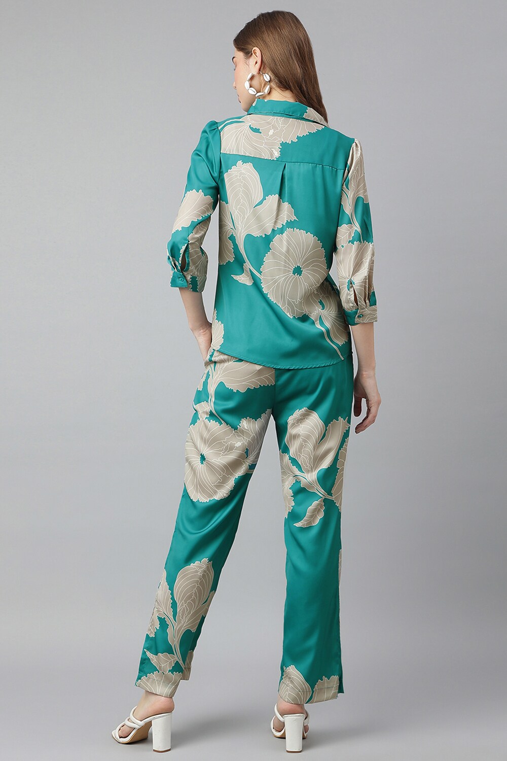 Turquoise Printed Shirt Collar Women Regular Fit Co-ord Sets