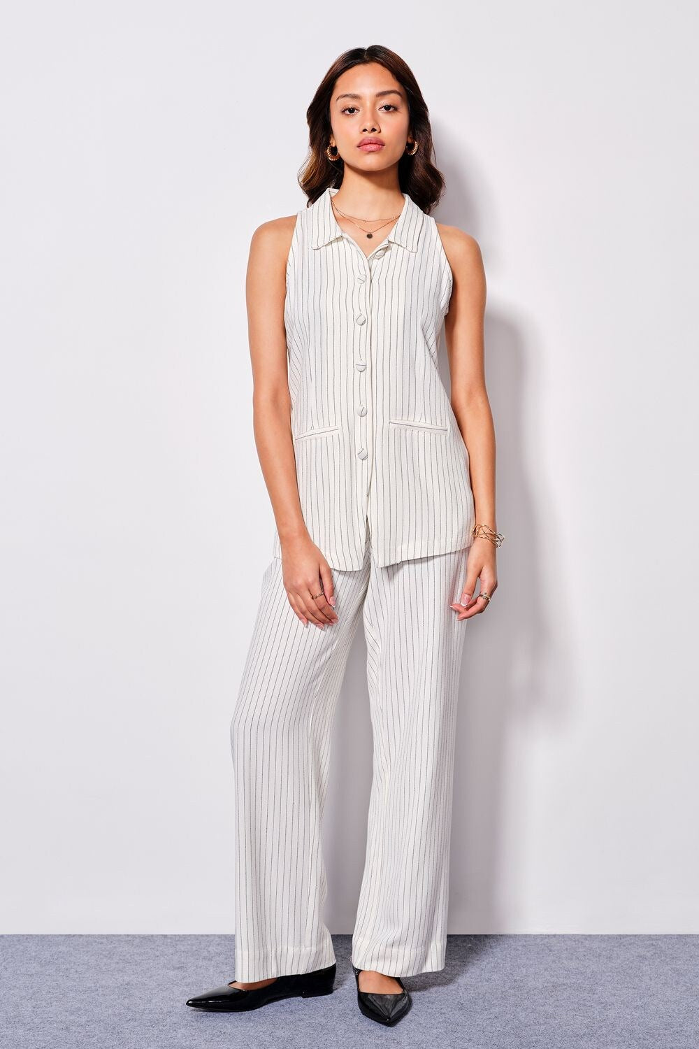 White Striped Linen Shirt Collar Women Tapered Fit Co-ord Sets