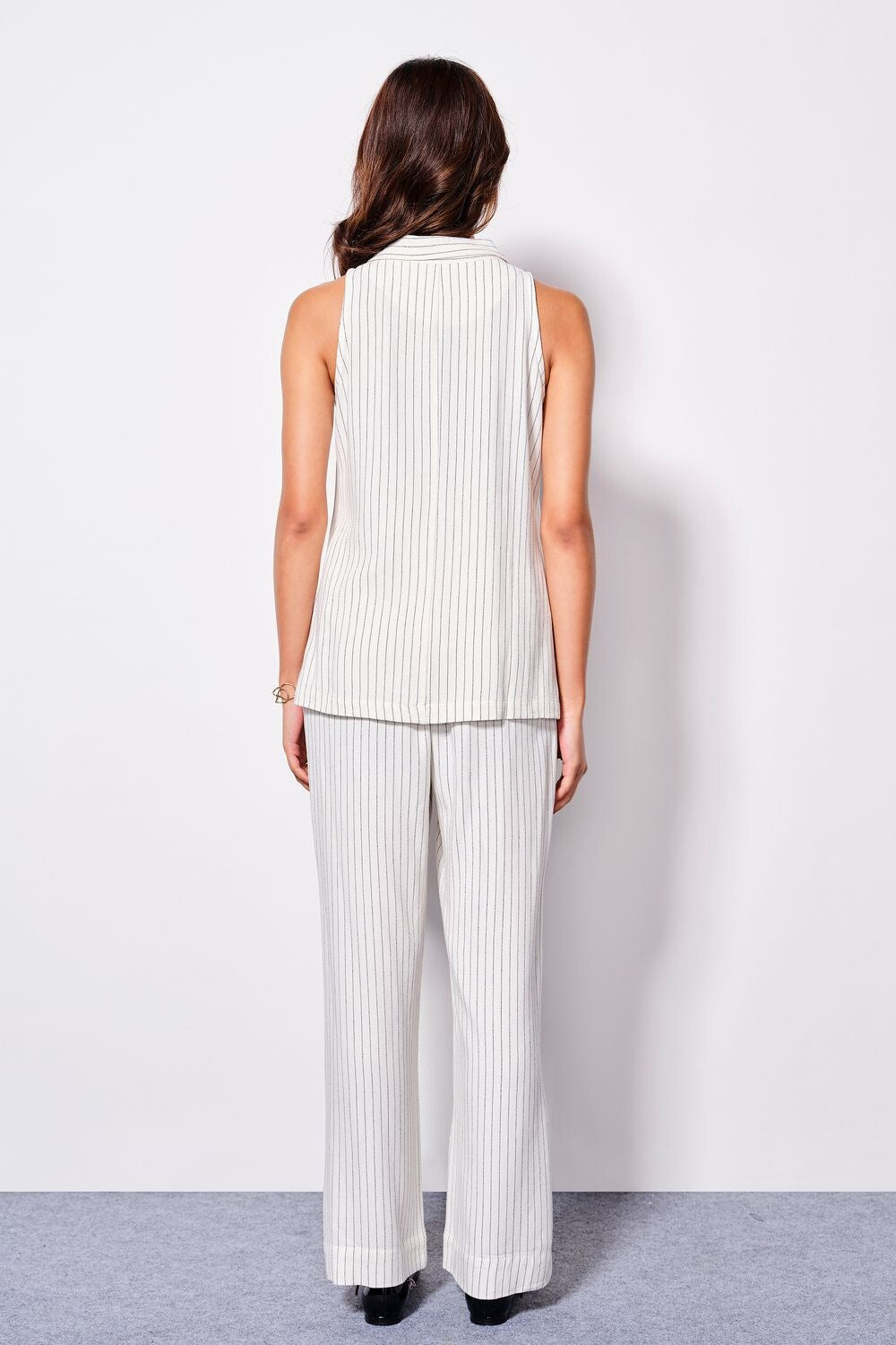 White Striped Linen Shirt Collar Women Tapered Fit Co-ord Sets