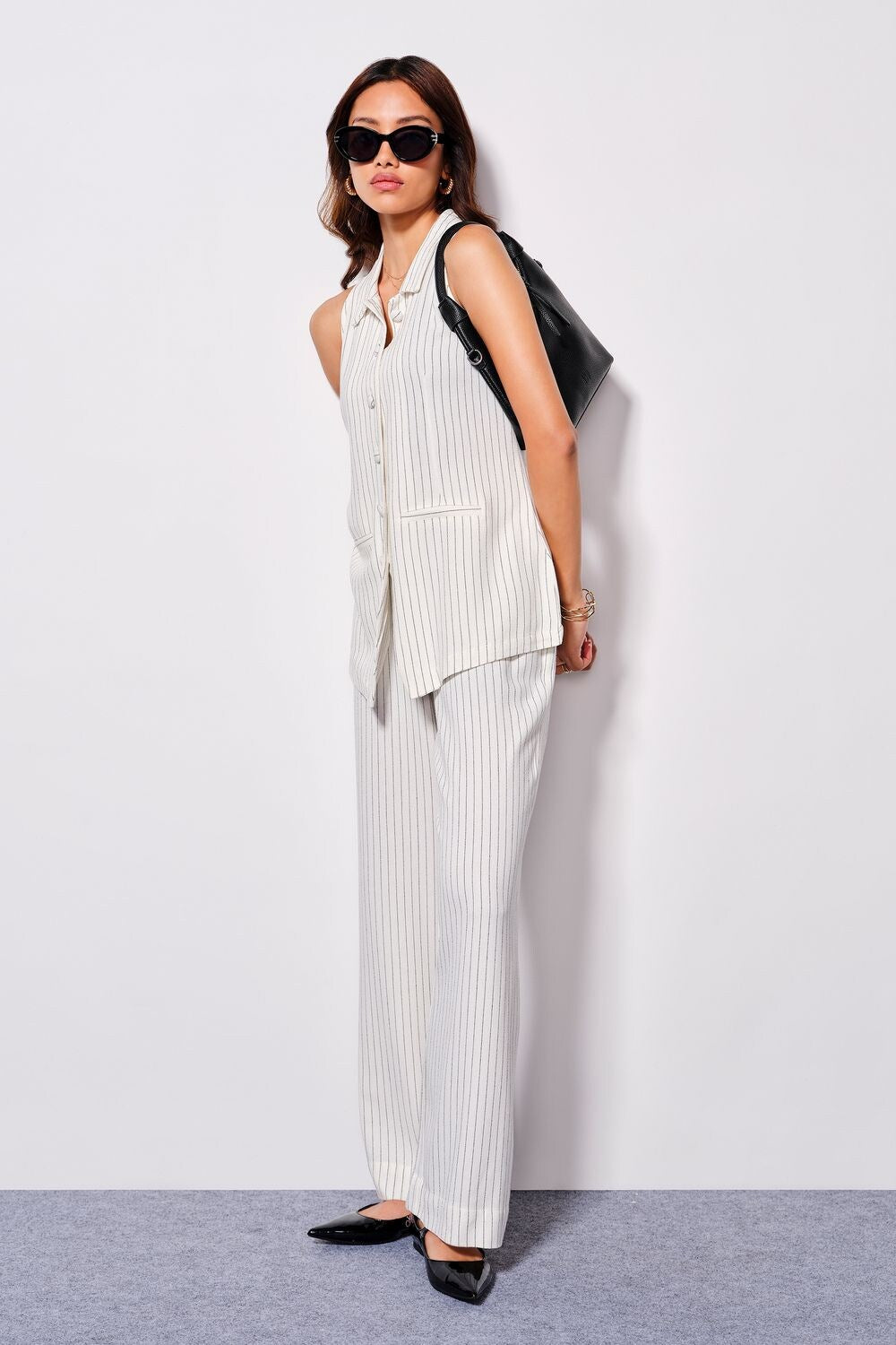 White Striped Linen Shirt Collar Women Tapered Fit Co-ord Sets