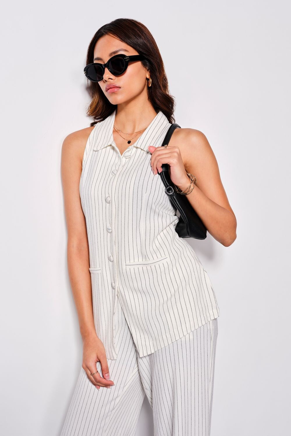 White Striped Linen Shirt Collar Women Tapered Fit Co-ord Sets