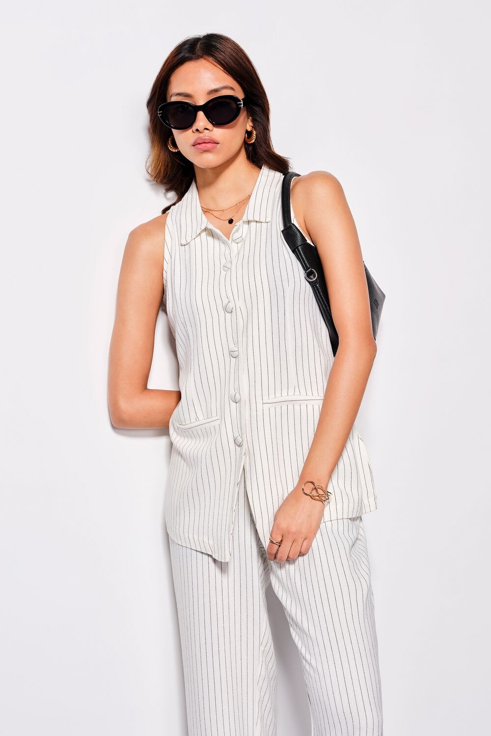 White Striped Linen Shirt Collar Women Tapered Fit Co-ord Sets