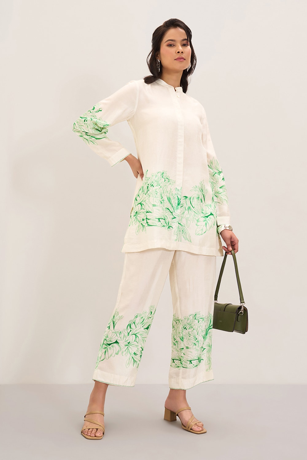 Green Printed Casual Three-Quarter Sleeves Mandarin Collar Women Relaxed Fit Co-ord Set