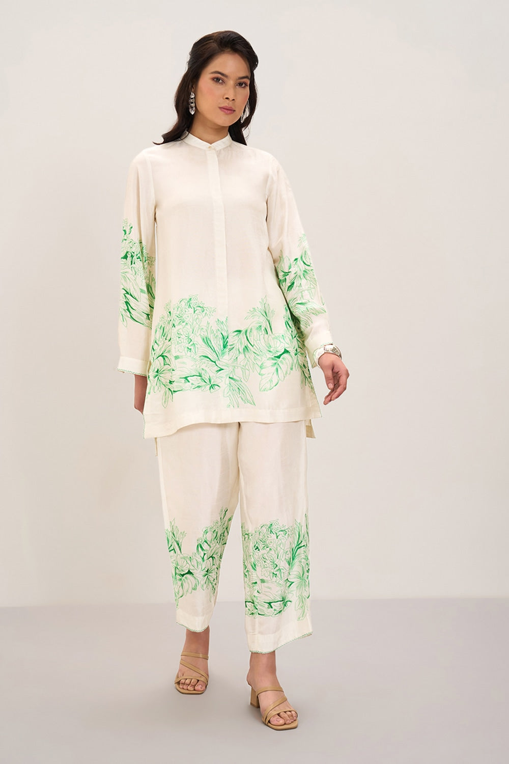 Green Printed Casual Three-Quarter Sleeves Mandarin Collar Women Relaxed Fit Co-ord Set