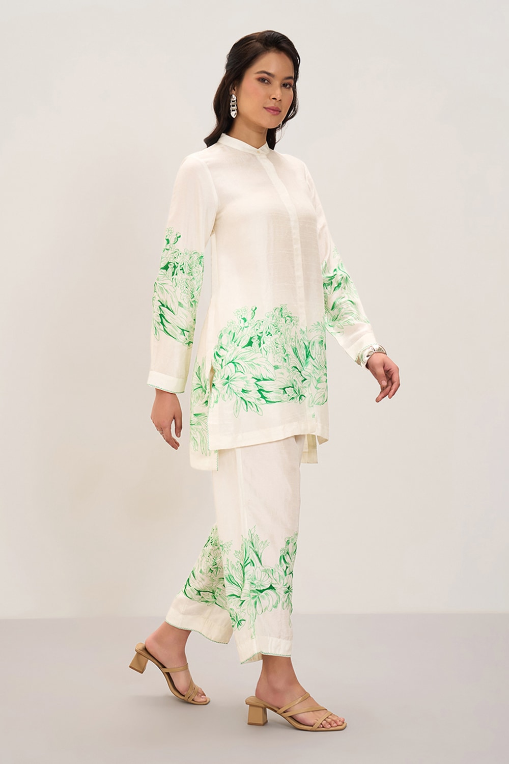 Green Printed Casual Three-Quarter Sleeves Mandarin Collar Women Relaxed Fit Co-ord Set