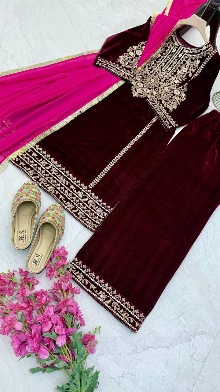 "Maroon Color Velvet Kurta Set: Luxurious and Classic Ethnic Elegance"