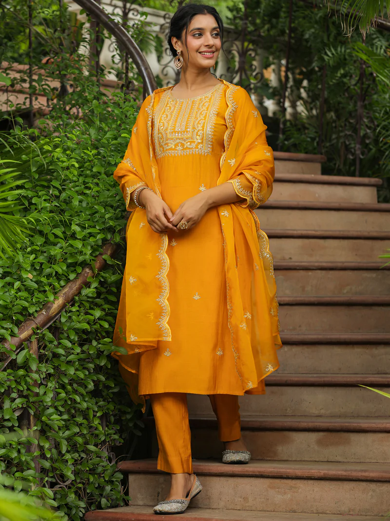 Mustard Silk Blend Embroidered Straight Kurta Set