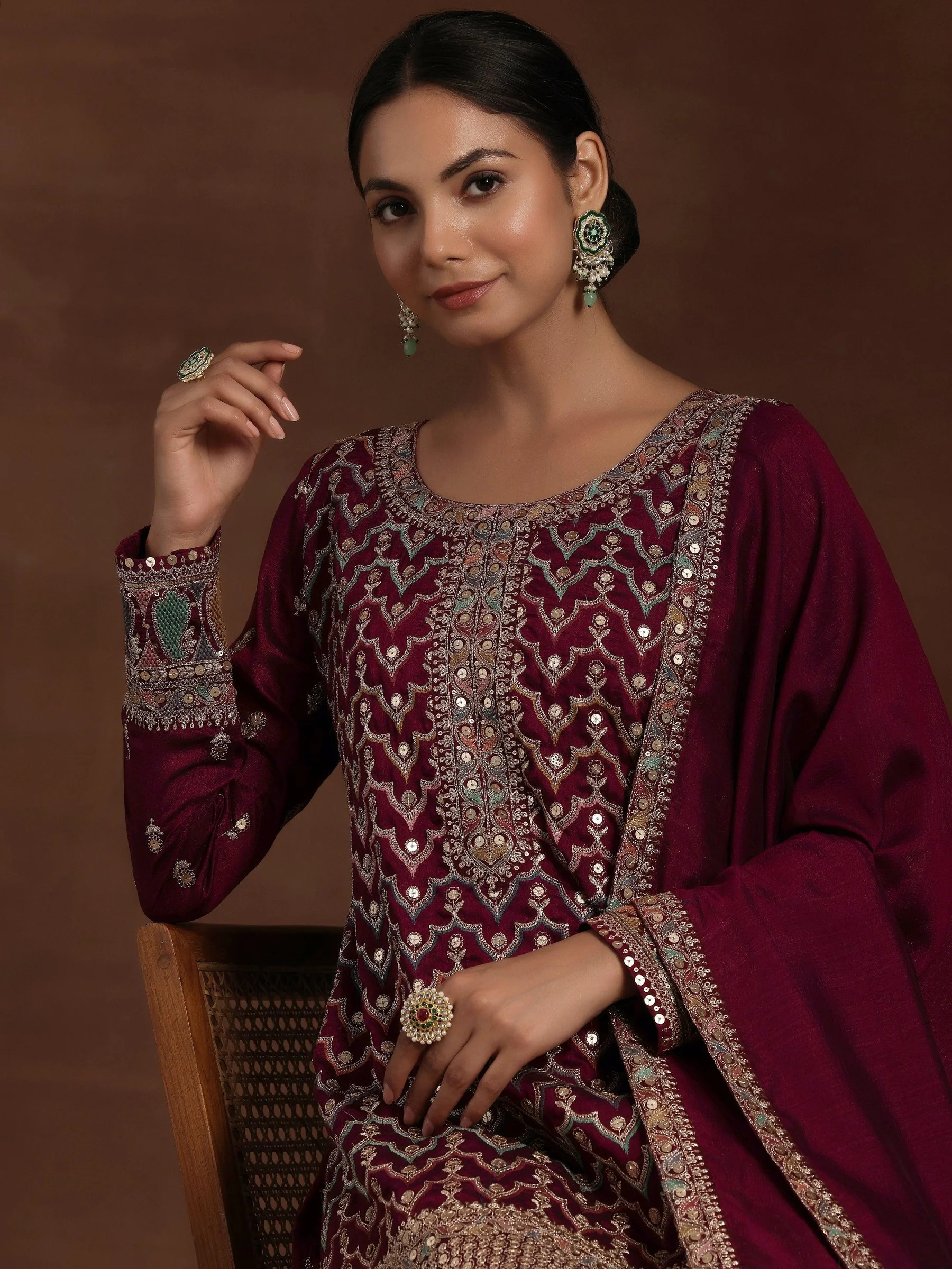 Wine Embroidered Silk Blend Straight Kurta With Palazzos & Dupatta