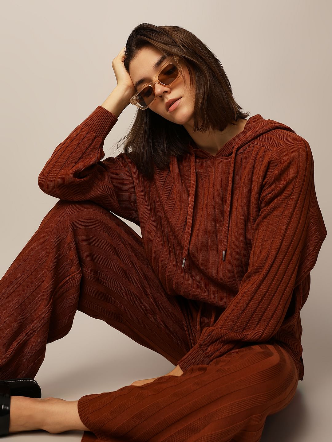 BROWN RIB-KNIT CO-ORD SET PULLOVER