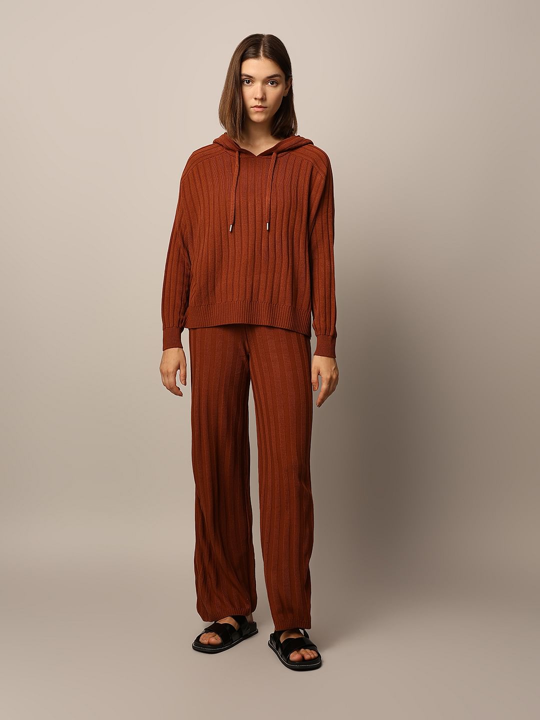 BROWN RIB-KNIT CO-ORD SET PULLOVER