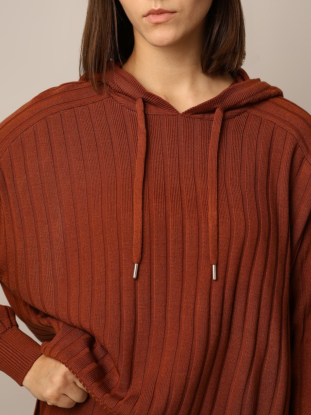 BROWN RIB-KNIT CO-ORD SET PULLOVER