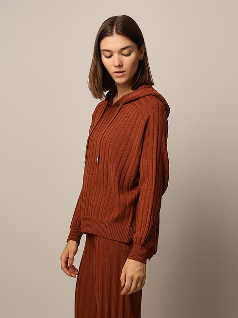 BROWN RIB-KNIT CO-ORD SET PULLOVER