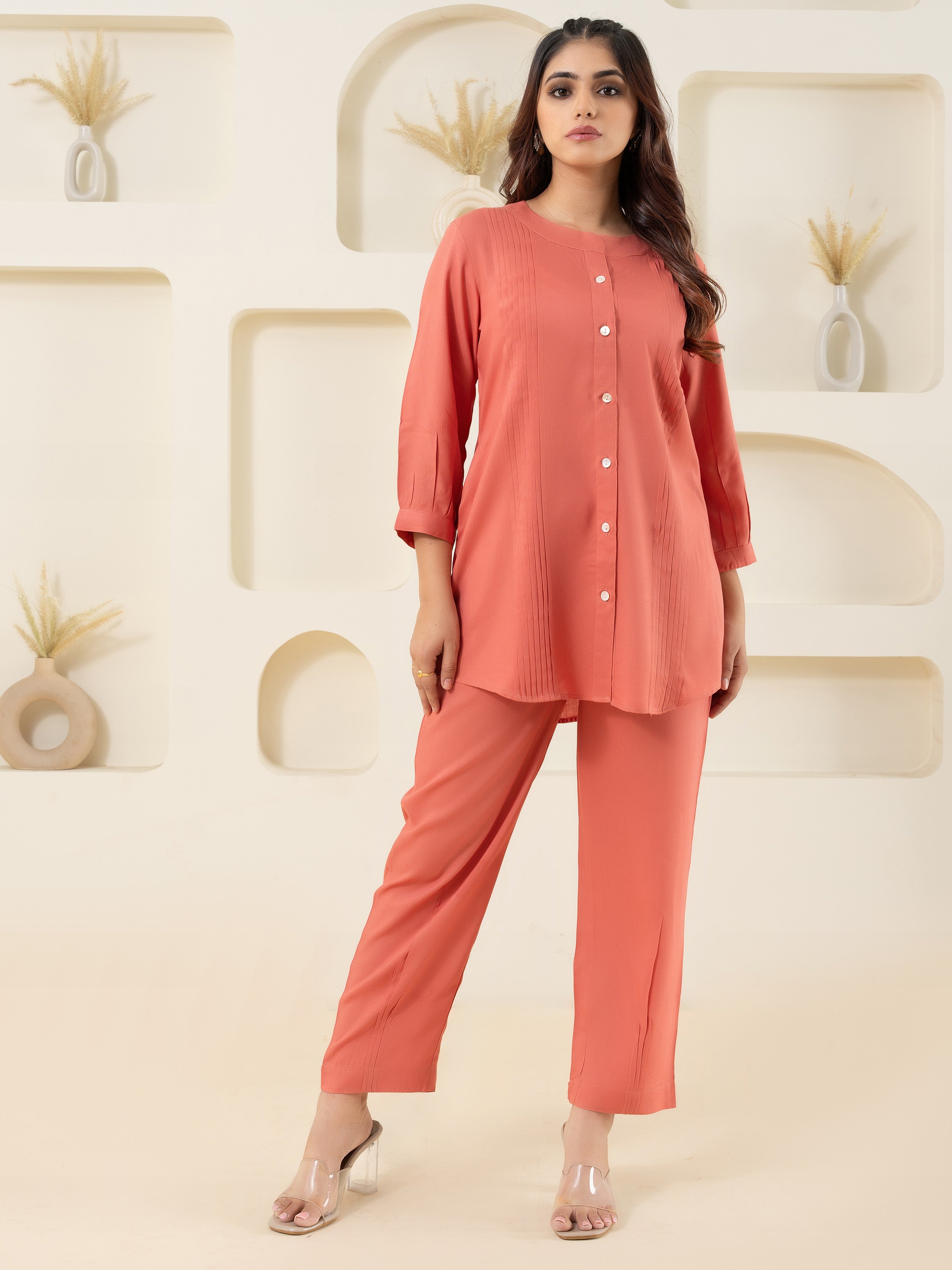 Peach Pleated Solid Co-Ord Set