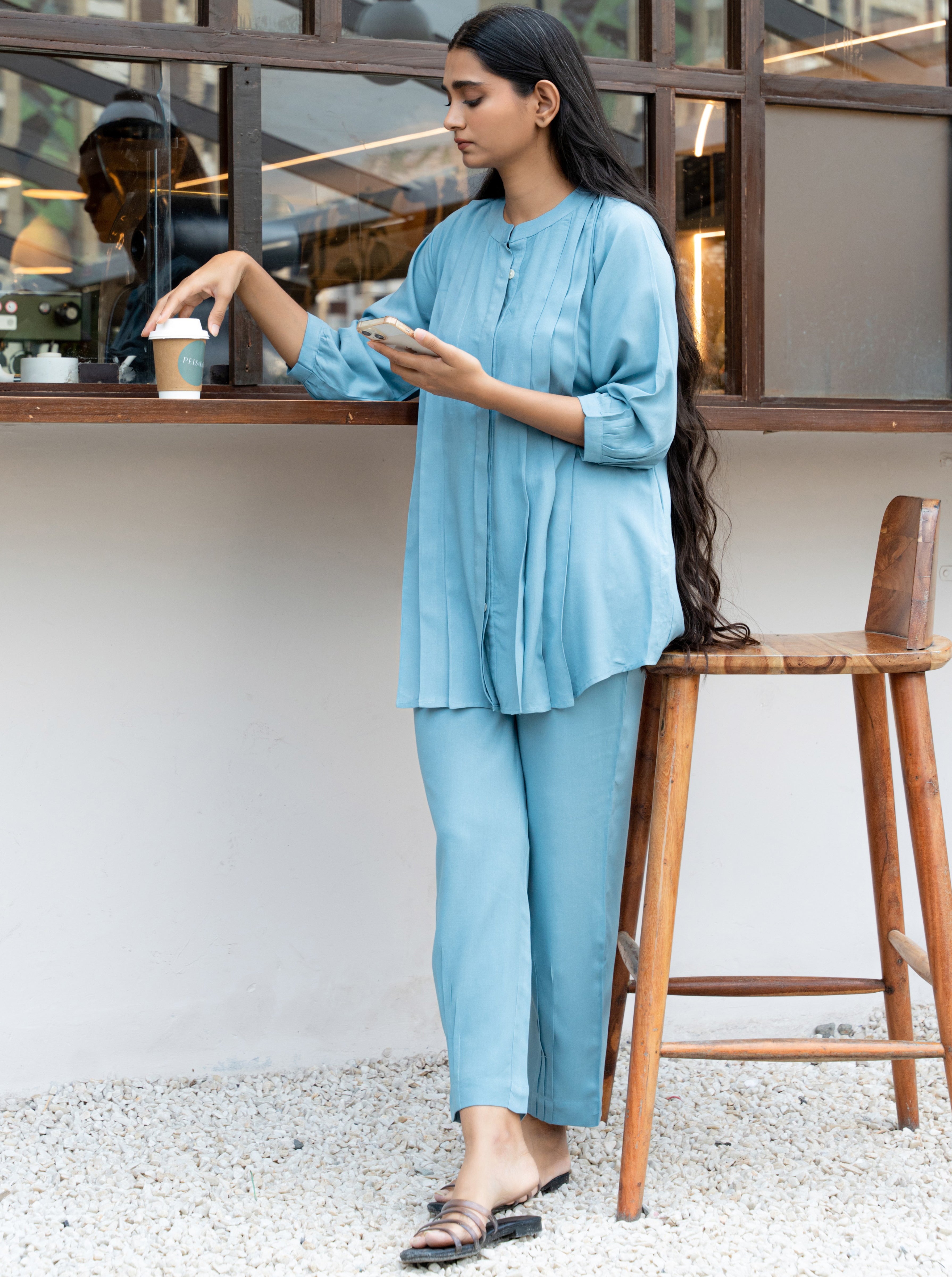 Light Blue Band Collar Pleated Flared Co-Ord Set