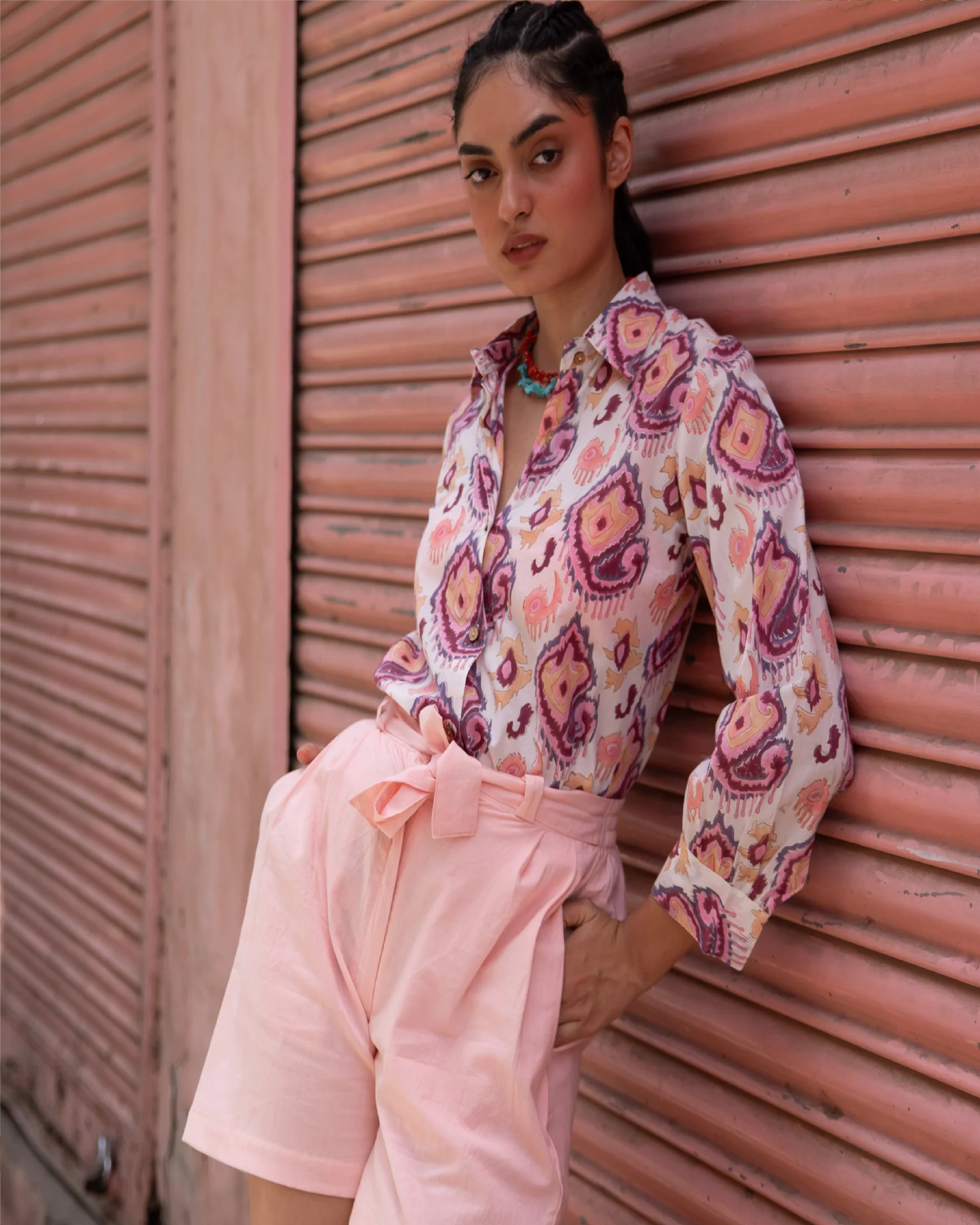 White and Pink Ikat Blockprinted Co-ord set with Pink Shorts