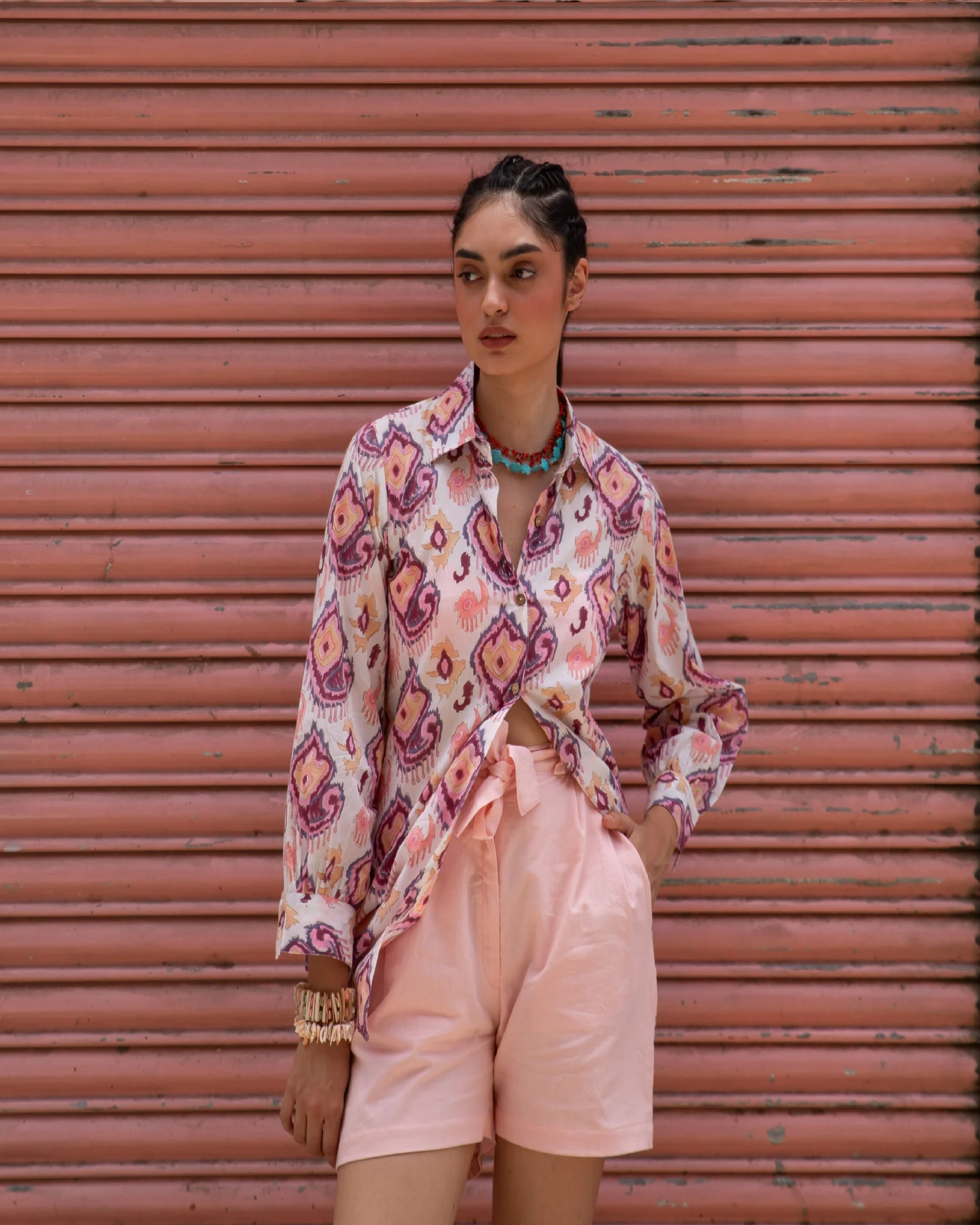 White and Pink Ikat Blockprinted Co-ord set with Pink Shorts