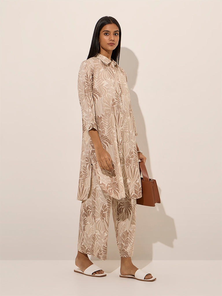 Taupe Tropical Printed A-Line Kurta