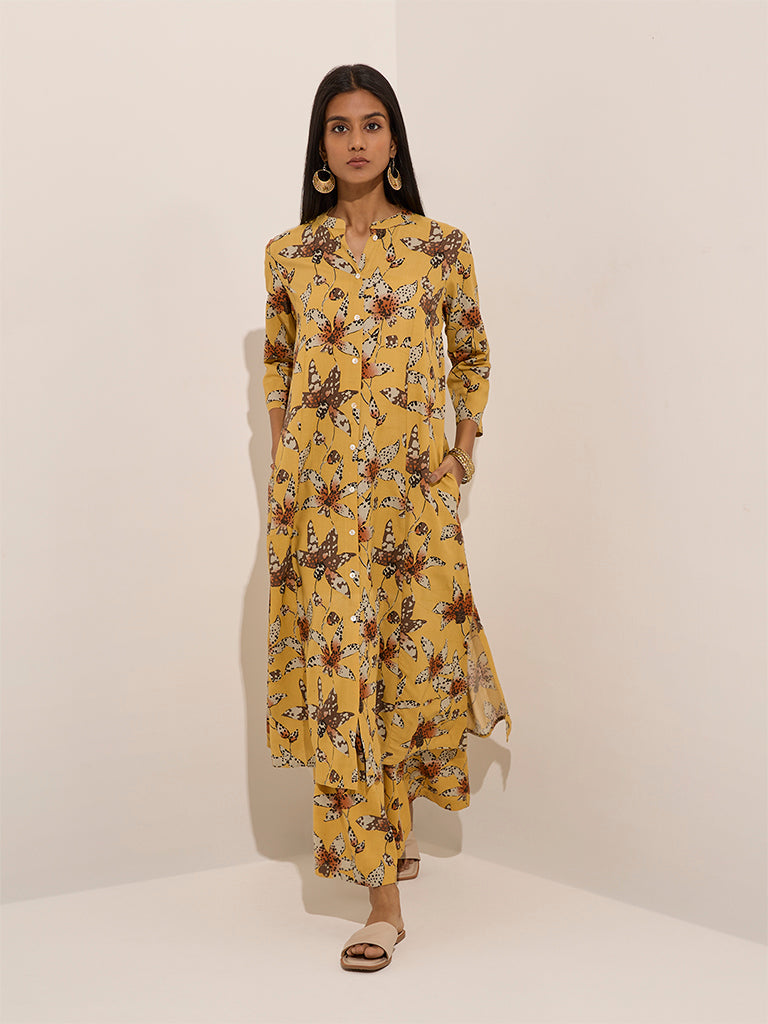 Yellow Floral Printed A-Line Kurta