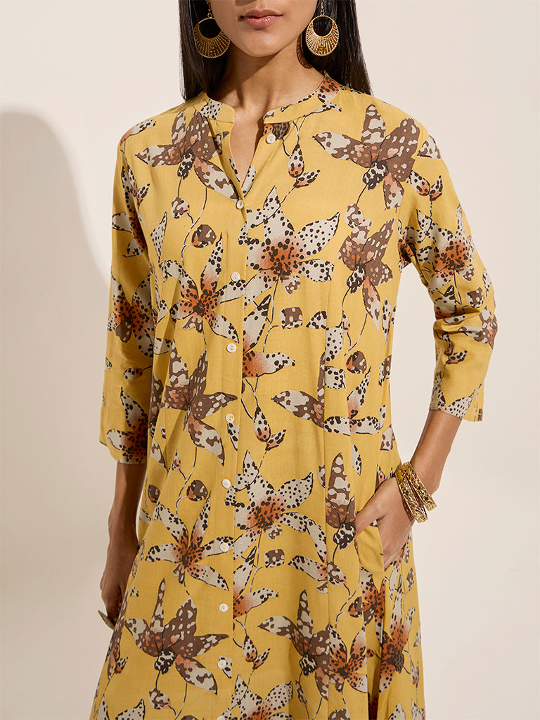 Yellow Floral Printed A-Line Kurta