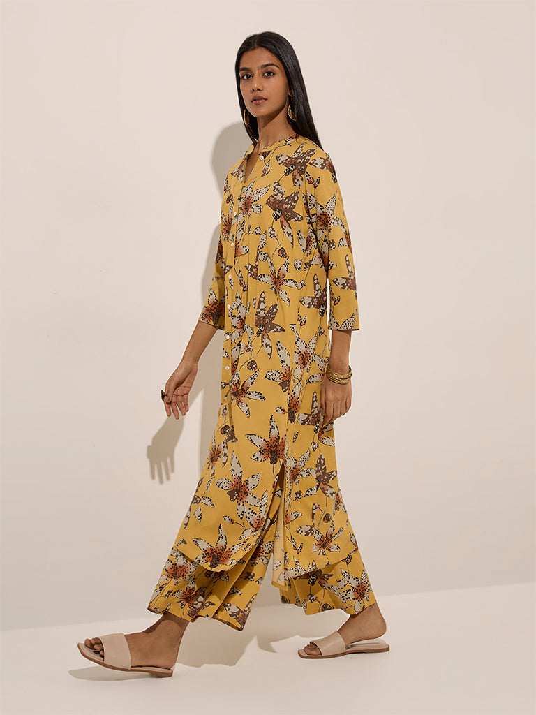 Yellow Floral Printed A-Line Kurta