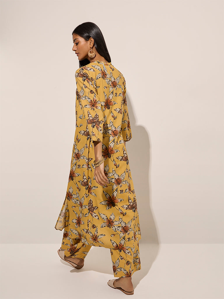 Yellow Floral Printed A-Line Kurta