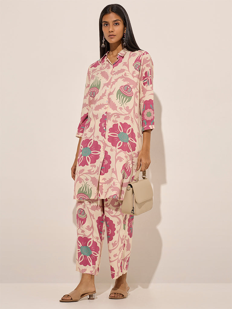 Pink Floral Printed High-Low Cotton Kurta