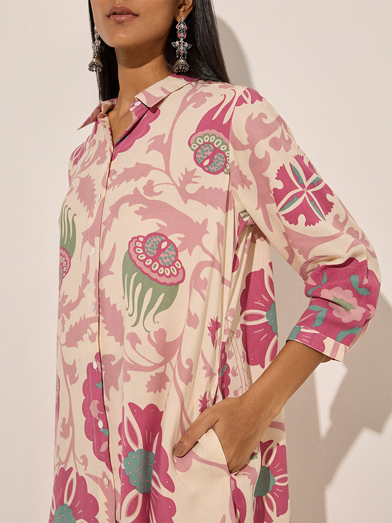 Pink Floral Printed High-Low Cotton Kurta