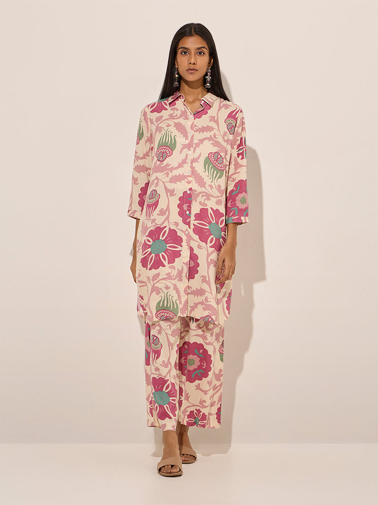 Pink Floral Printed High-Low Cotton Kurta