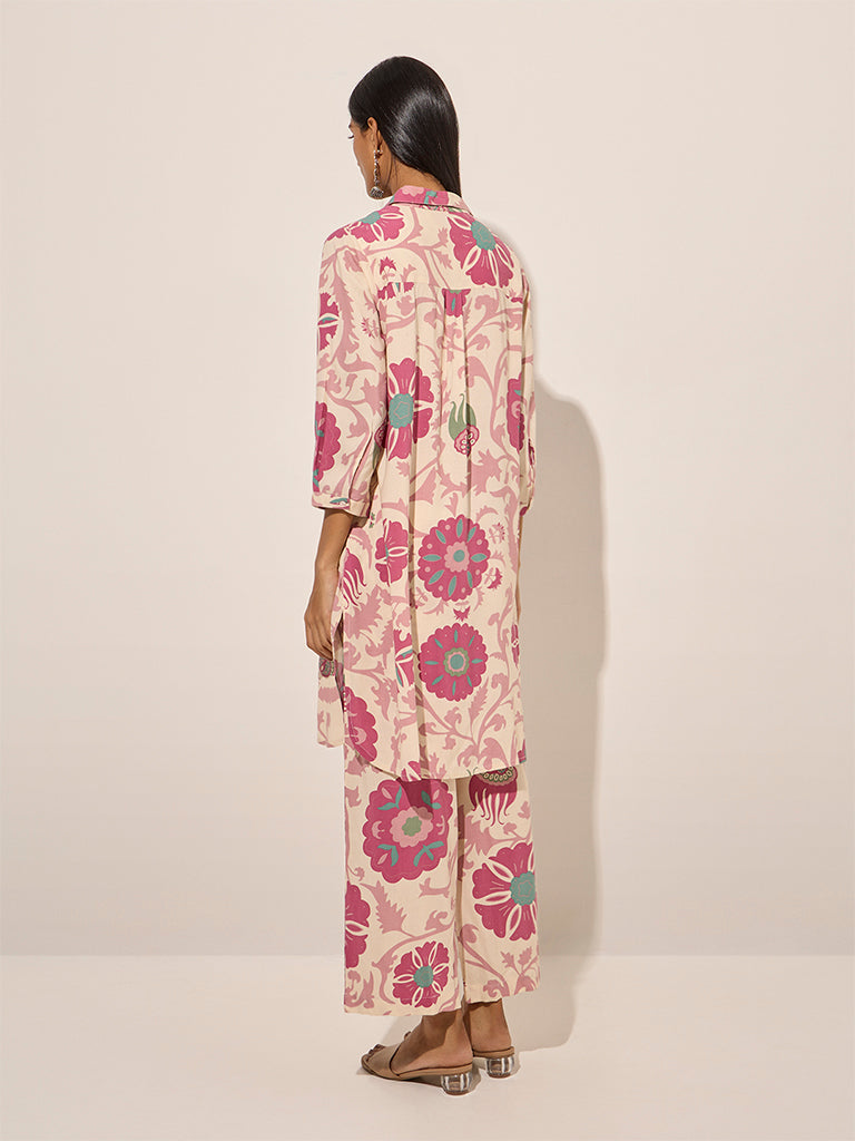 Pink Floral Printed High-Low Cotton Kurta