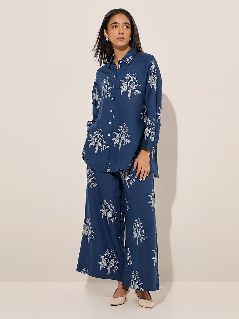 Blue Floral Printed High-Low Cotton-Blend Tunic