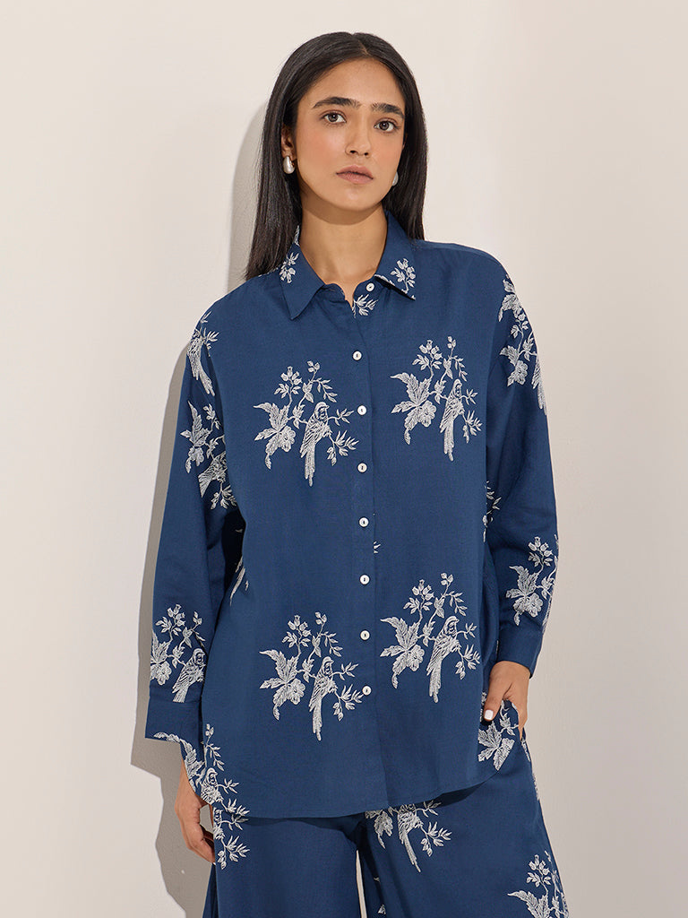 Blue Floral Printed High-Low Cotton-Blend Tunic