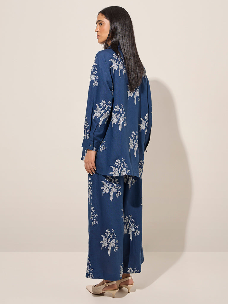 Blue Floral Printed High-Low Cotton-Blend Tunic