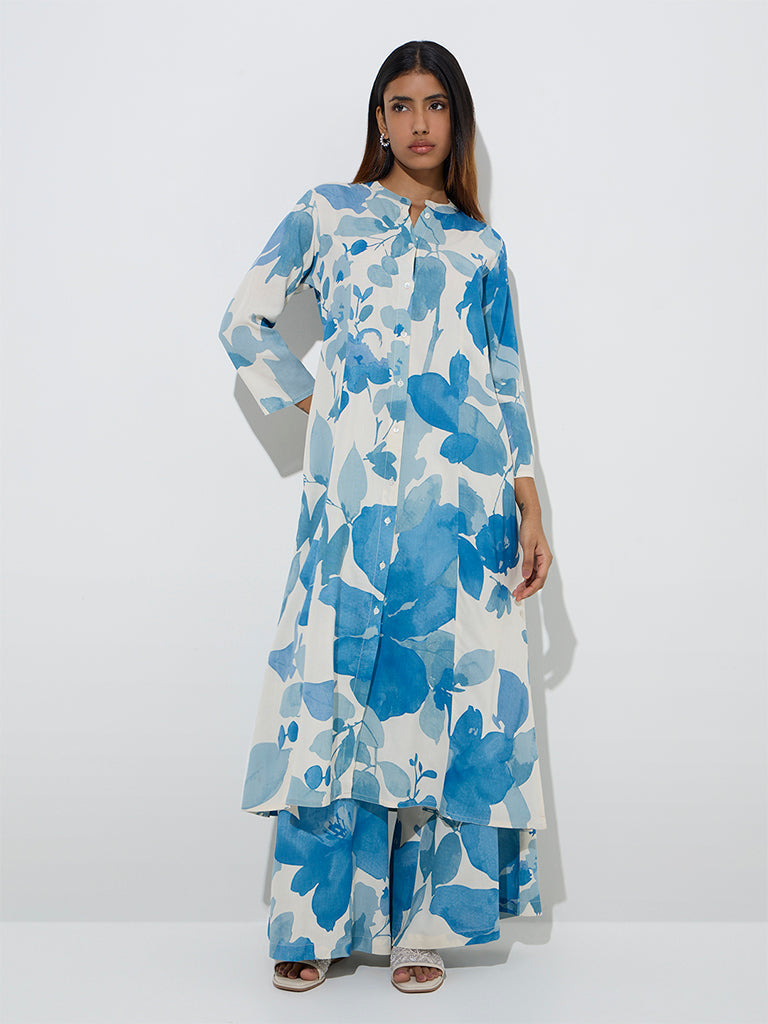 Blue Floral Printed A-Line Kurta