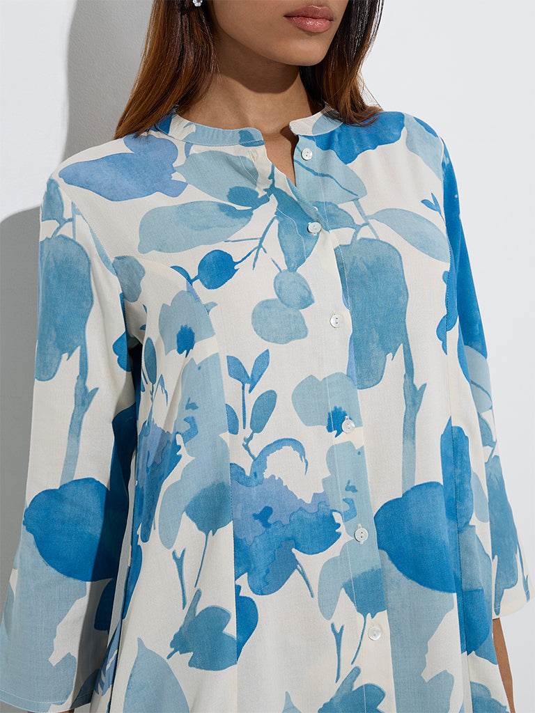 Blue Floral Printed A-Line Kurta