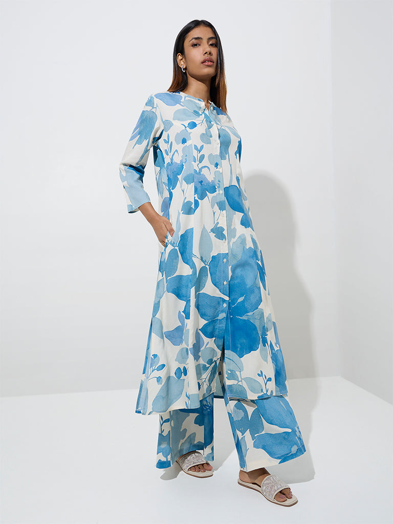 Blue Floral Printed A-Line Kurta