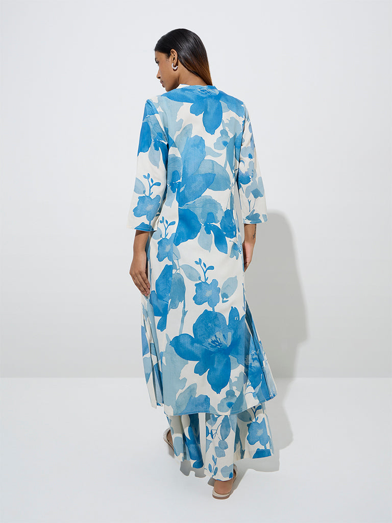 Blue Floral Printed A-Line Kurta