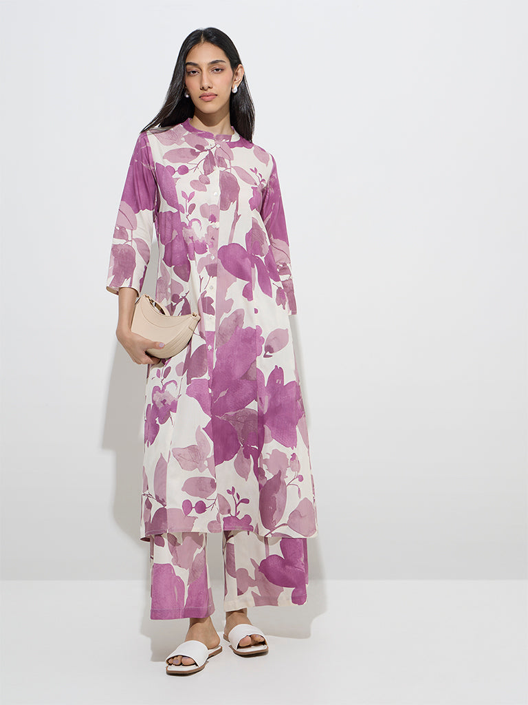 Lilac Floral Printed A-Line Kurta