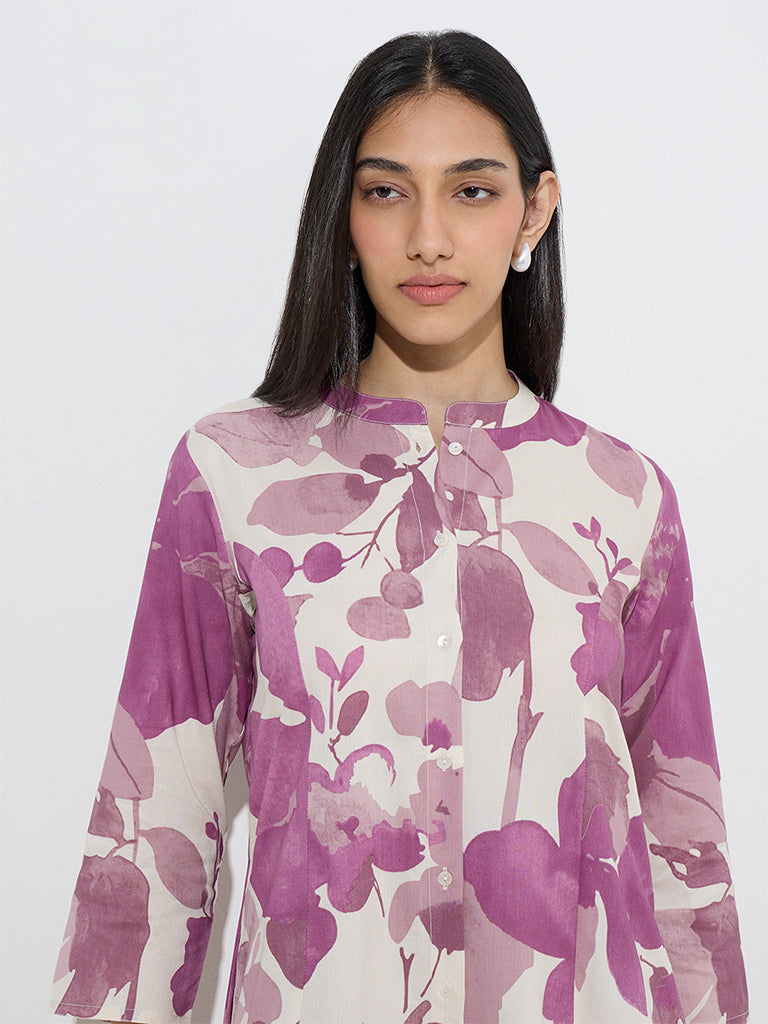 Lilac Floral Printed A-Line Kurta