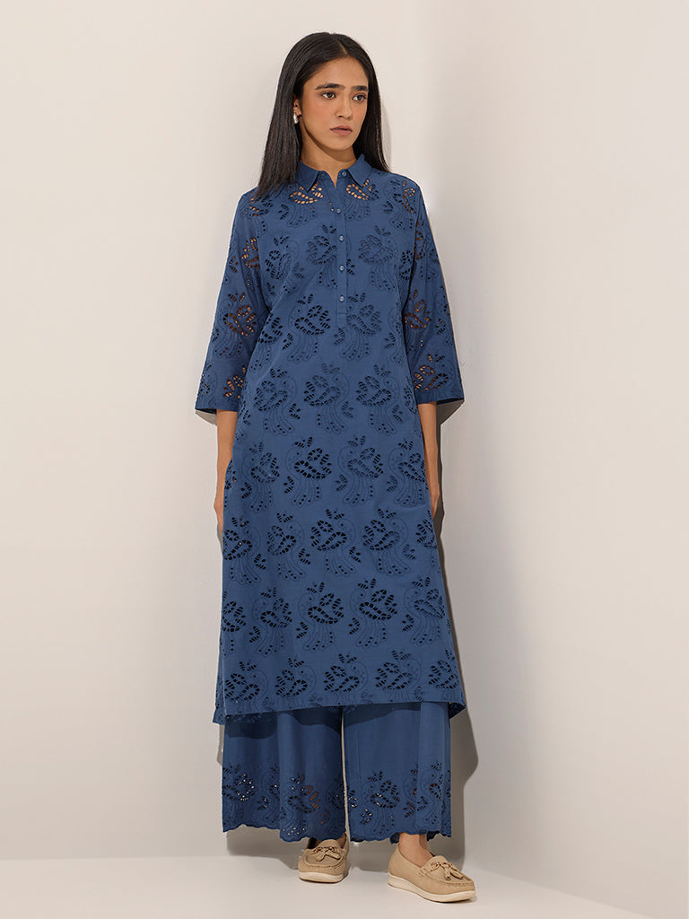 Blue Cut-Out Detailed Cotton A-Line Kurta