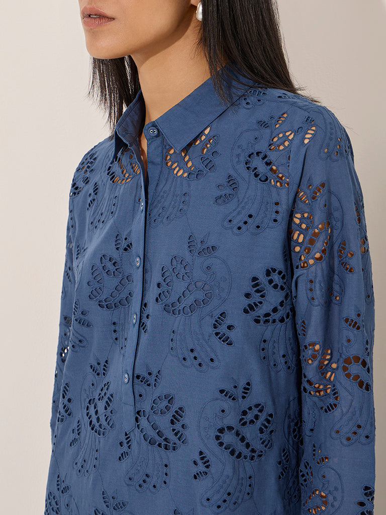 Blue Cut-Out Detailed Cotton A-Line Kurta