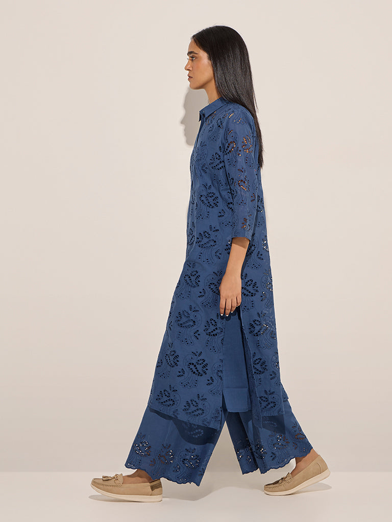 Blue Cut-Out Detailed Cotton A-Line Kurta