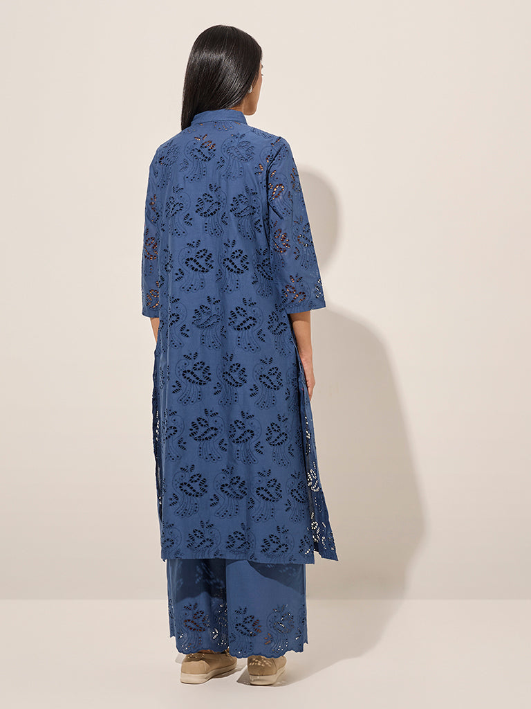 Blue Cut-Out Detailed Cotton A-Line Kurta