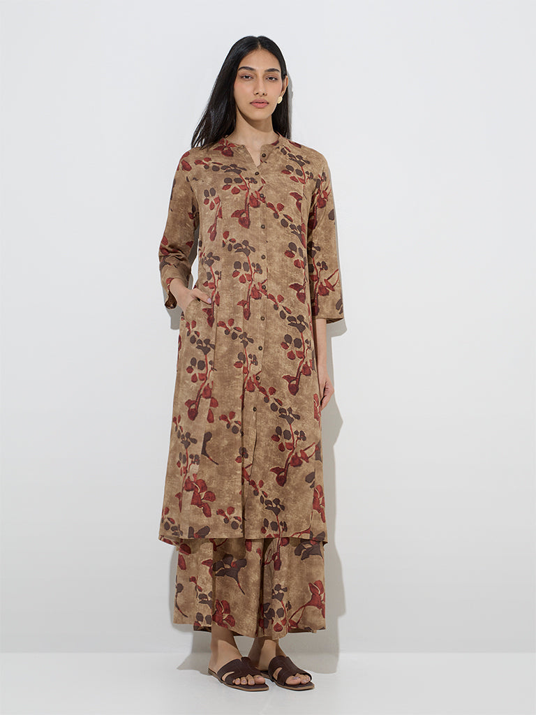 Beige Floral Printed A-Line Kurta