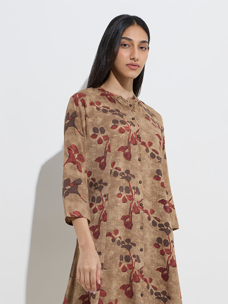 Beige Floral Printed A-Line Kurta