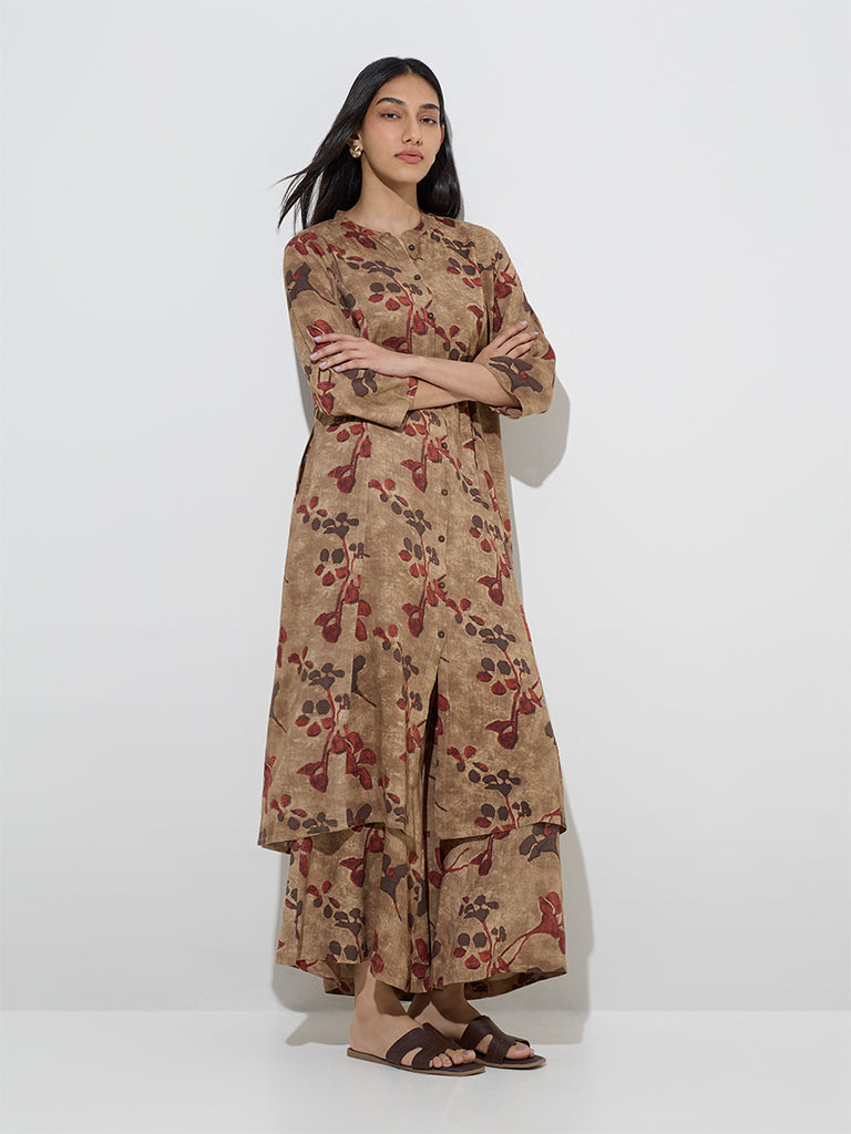 Beige Floral Printed A-Line Kurta