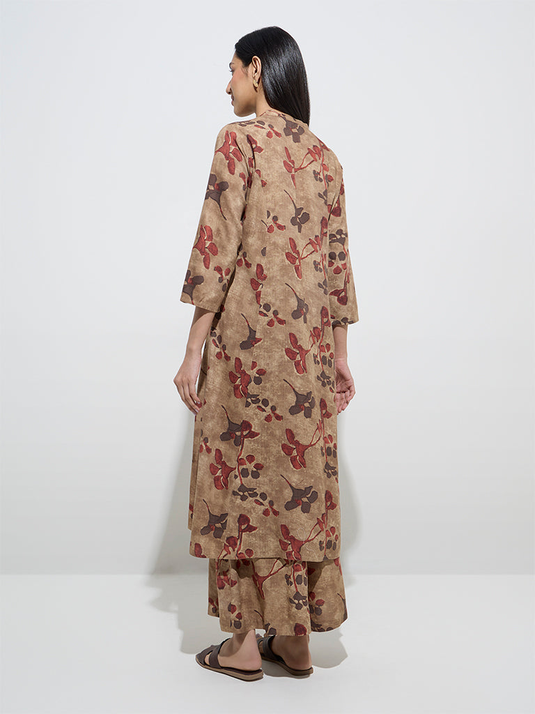 Beige Floral Printed A-Line Kurta