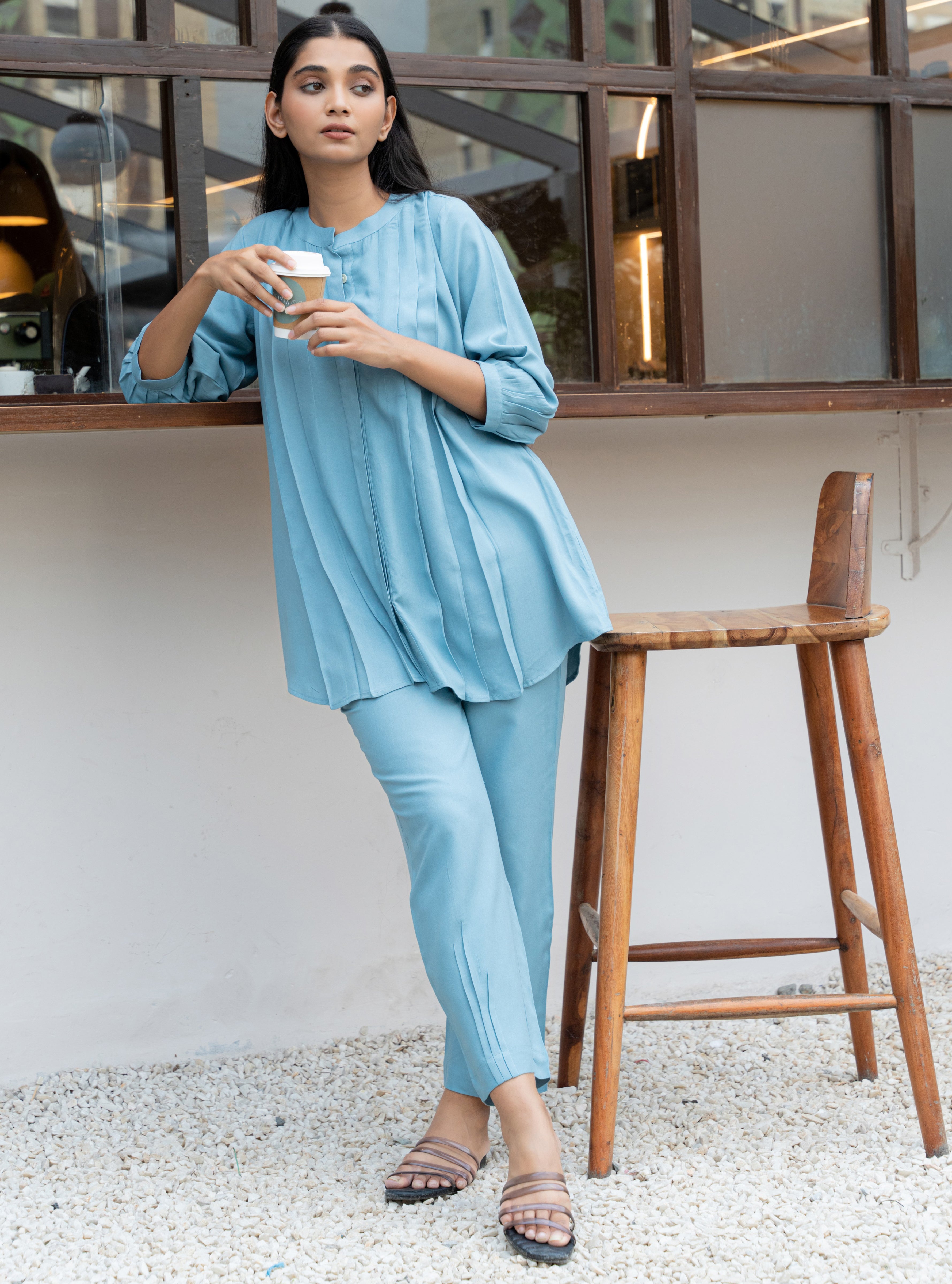 Light Blue Band Collar Pleated Flared Co-Ord Set