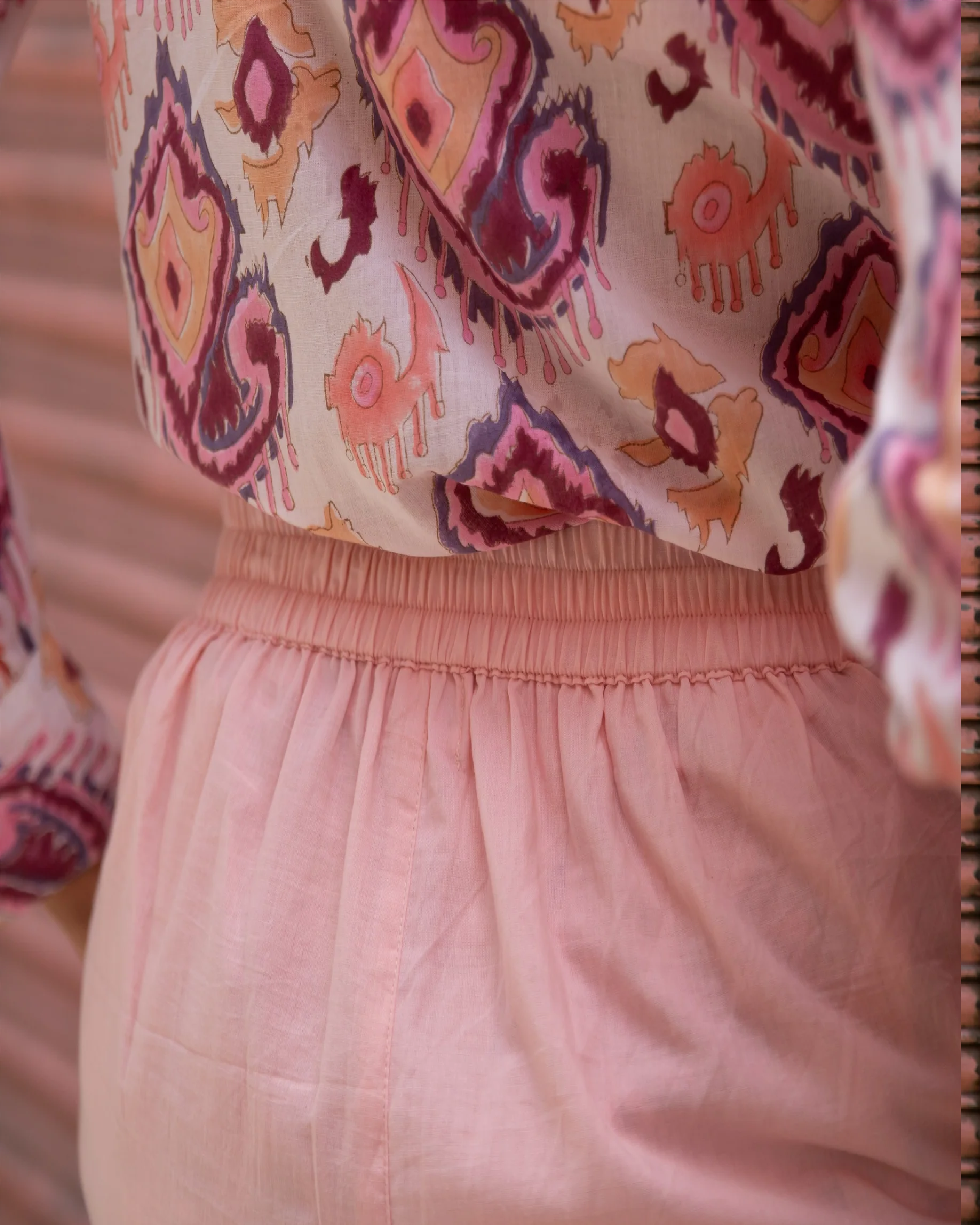 White and Pink Ikat Blockprinted Co-ord set with Pink Shorts