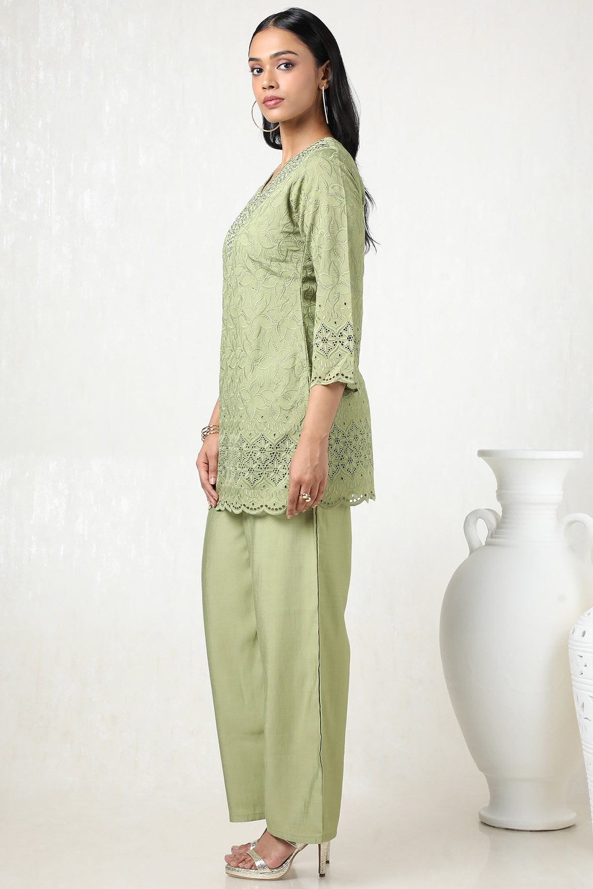 Sap Green Viscose Blend Embroidered Co-Ord Set with Mirror Work